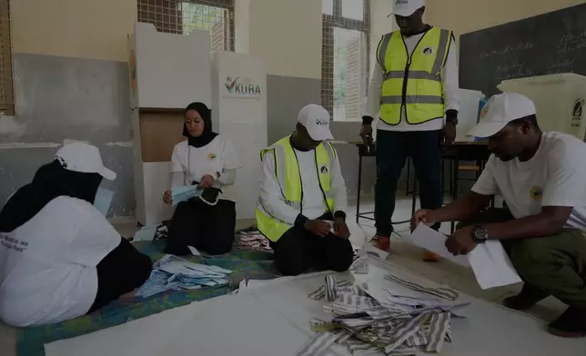 Members of the election commission count votes at Haile Selassie polling station in Zanzibar, Tanzania, Wednesday, Oct. 29, 2025. (AP Photo/Brian Inganga)