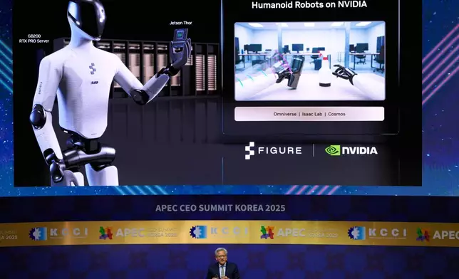 NVIDIA CEO Jensen Huang makes a keynote speech during the special session at the Asia-Pacific Economic Cooperation (APEC) CEO summit in Gyeongju, South Korea, Friday, Oct. 31, 2025. (AP Photo/Ng Han Guan)