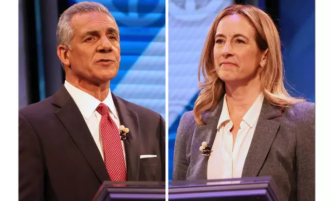 This combination photo shows candidates for governor of New Jersey Republican Jack Ciattarelli, left, and Democrat Mikie Sherrill during the final debate in governors race, Oct. 8, 2025, in New Brunswick, N.J. (AP Photos/Heather Khalifa)