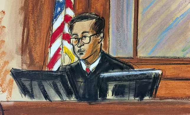 In this courtroom sketch, Judge Arun Subramanian sentences Sean Diddy Combs in Manhattan federal court, Friday, Oct. 3, 2025, in New York. (Elizabeth Williams via AP)