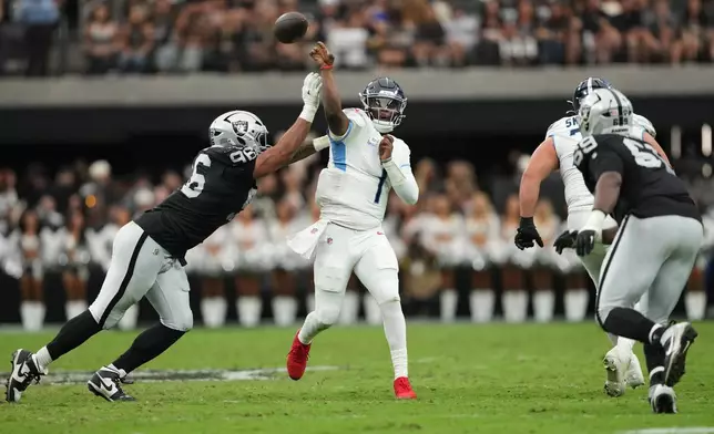 Las Vegas Raiders defensive tackle Jonah Laulu (96) pressures Tennessee Titans quarterback Cam Ward (1) during the first half of an NFL football game, Sunday, Oct. 12, 2025, in Las Vegas. (AP Photo/Rick Scuteri)