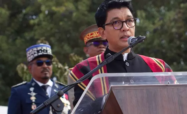 FILE - President Andry Rajoelina addresses a state ceremony, Sept. 2, 2025, in Antananarivo, Madagascar. (AP Photo/Alexander Joe, file)