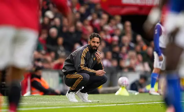 Manchester United's head coach Ruben Amorim watches from the sideline during the English Premier League soccer match between Manchester United and Sunderland at Old Trafford stadium in Manchester, England, Saturday, Oct. 4, 2025. (AP Photo/Dave Thompson)