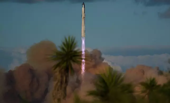 SpaceX's mega rocket Starship makes a test flight from Starbase, Texas, Monday, Oct. 13, 2025. (AP Photo/Eric Gay)