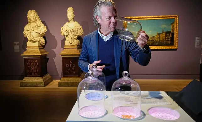 Curator Robert Mueller-Gruenow smells samples during the exhibition "The Secret Power of Scents", showing the history of scent from antiquity to the present as a sensory experience at the Kunstpalast art museum in Duesseldorf, Germany, Tuesday, Oct. 28, 2025. (AP Photo/Martin Meissner)