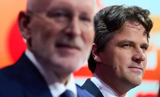 Frans Timmermans, of the center-left two-party bloc of Labor Party and Green Left, and Henri Bontenbal, party leader of the Christian Democratic Appeal, CDA, right, pose for a photo prior to a debate at the SBS6 TV studio in Hilversum, Netherlands, Thursday, Oct. 23, 2025. (AP Photo/Peter Dejong)