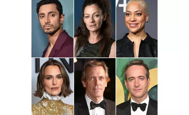 This combination of images shows actors lending their voices to the Audible Harry Potter series, top row from left, Riz Ahmed, as Professor Snape, Michelle Gomez, as Professor McGonagall, Cush Jumbo as the narrator, bottom row from left, Keira Knightley, as Dolores Umbridge, Hugh Laurie, as Albus Dumbledore, and Matthew Macfadyen, as Voldemort. (AP Photo)