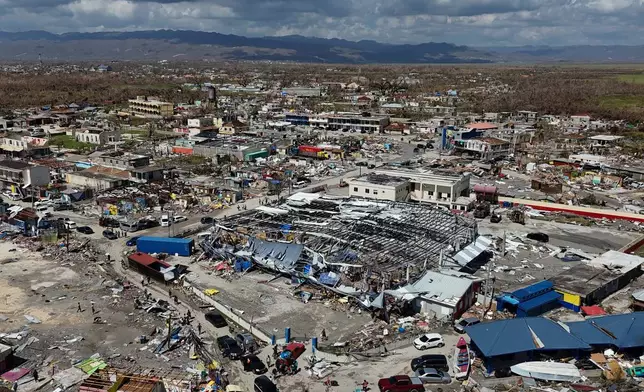 An aerial view of Black River, Jamaica, Thursday, Oct. 30, 2025, in the aftermath of Hurricane Melissa. (AP Photo/Matias Delacroix)