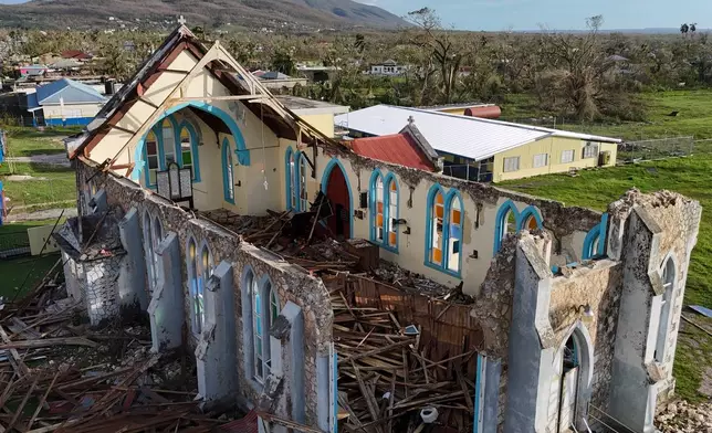 The church of Lacovia Tombstone, Jamaica, sits damaged in the aftermath of Hurricane Melissa, Wednesday, Oct. 29, 2025. (AP Photo/Matias Delacroix)