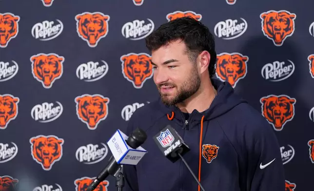 Chicago Bears kicker Jake Moody speaks with reporters after an NFL football game against the Washington Commanders, Monday, Oct. 13, 2025, in Landover, Md. (AP Photo/Stephanie Scarbrough)