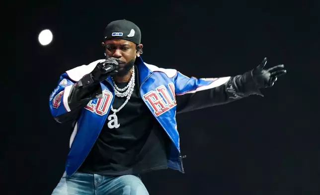 FILE - Kendrick Lamar performs during halftime of the NFL Super Bowl 59 football game between the Kansas City Chiefs and the Philadelphia Eagles in New Orleans, Feb. 9, 2025. (AP Photo/Matt Slocum, File)