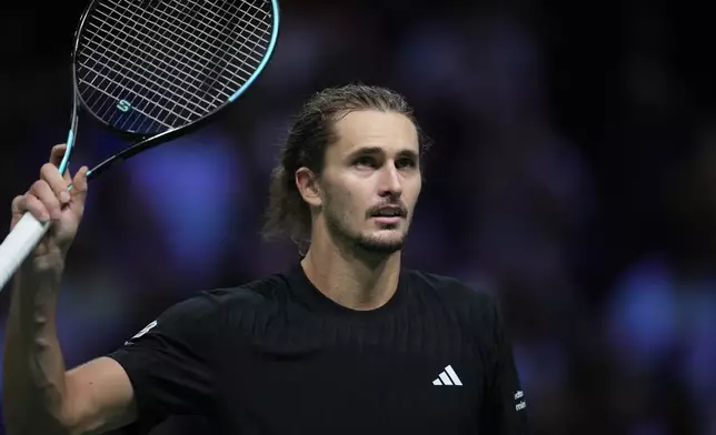 Germany's Alexander Zverev celebrates after defeating Argentina's Camilo Ugo Carabelli during their second round match of the Paris Masters tennis tournament at the Paris La Defense Arena, Wednesday, Oct. 29, 2025, in Paris. (AP Photo/Christophe Ena)