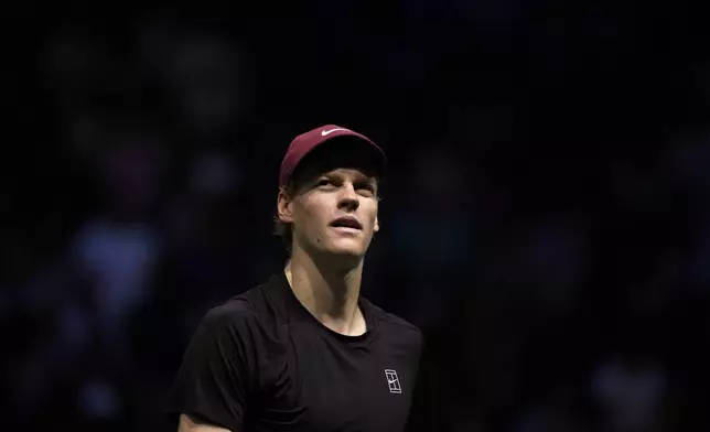 Italy's Jannik Sinner looks on as he plays against Argentina's Francisco Cerundolo during their third round match of the Paris Masters tennis tournament in Paris, France, Thursday, Oct. 30, 2025. (AP Photo/Christophe Ena)