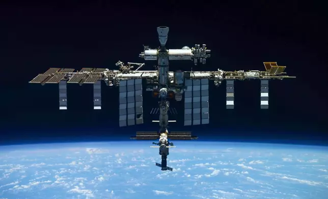 FILE - This photo provided by Roscosmos shows the International Space Station from a Russian Soyuz MS-19 spaceship after undocking on March 30, 2022. (Roscosmos State Space Corporation via AP, File)