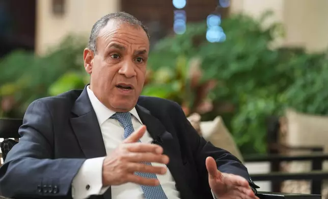 Egyptian Foreign Minister Badr Abdelatty, speaks during an interview with the Associated Press at the Red Sea city of Sharm el-Sheikh, Egypt, Monday, Oct. 13, 2025. (AP Photo/Amr Nabil)