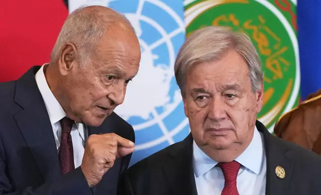 UN Secretary-General Antonio Guterres, right, listens to Arab League Secretary-General Ahmed Aboul Gheit during a summit to support ending the Israel-Hamas war in Gaza after a ceasefire deal, Monday, Oct. 13, 2025, in Sharm El Sheikh, Egypt. (AP Photo/Amr Nabil)