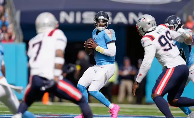 Tennessee Titans quarterback Cam Ward (1) looks to throw during the first half of an NFL football game against the New England Patriots, Sunday, Oct. 19, 2025, in Nashville, Tenn. (AP Photo/George Walker IV)