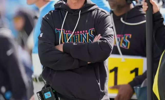 Tennessee Titans interim head coach Mike McCoy watches during the first half of an NFL football game against the New England Patriots, Sunday, Oct. 19, 2025, in Nashville, Tenn. (AP Photo/George Walker IV)