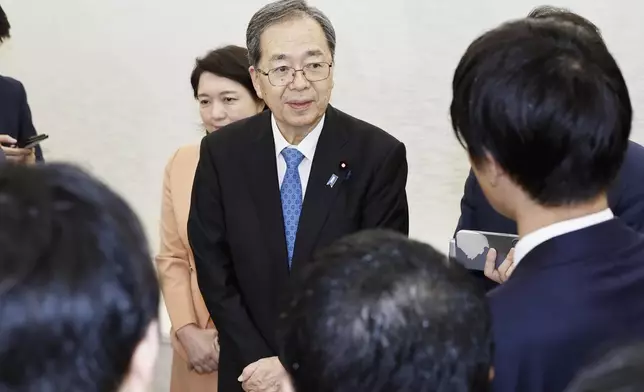 Tetsuo Saito, leader of Komeito, speaks to media after meeting newly-elected leader of the ruling Liberal Democratic Party Sanae Takaichi, on Oct. 4, 2025, in Tokyo. (Kyodo News via AP)