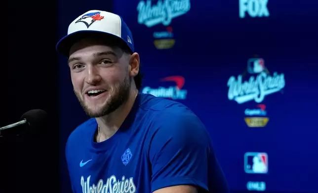 Toronto Blue Jays pitcher Trey Yesavage speaks during a World Series baseball media day, Thursday, Oct. 23, 2025, in Toronto. The Toronto Blue Jays face the Los Angeles Dodgers in Game 1 on Friday. (AP Photo/David J. Phillip)