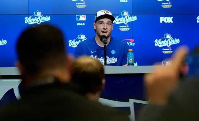 Toronto Blue Jays pitcher Trey Yesavage speaks during a World Series baseball media day, Thursday, Oct. 23, 2025, in Toronto. The Toronto Blue Jays face the Los Angeles Dodgers in Game 1 on Friday. (AP Photo/David J. Phillip)