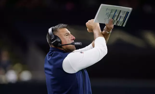 New England Patriots head coach Mike Vrabel reacts during the second half of an NFL football game against the New Orleans Saints, Sunday, Oct. 12, 2025, in New Orleans. (AP Photo/Butch Dill)