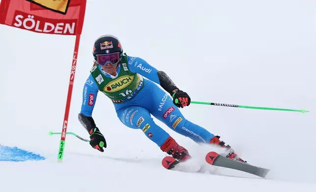 Italy's Sofia Goggia competes in an alpine ski, women's World Cup giant slalom, in Soelden, Austria, Saturday, Oct. 25, 2025. (AP Photo/Marco Trovati)