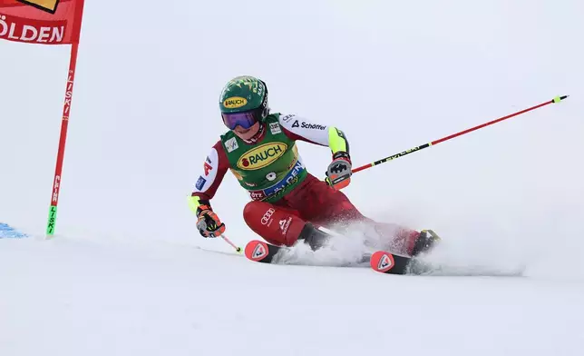 Austria's Julia Scheib competes in an alpine ski, women's World Cup giant slalom, in Soelden, Austria, Saturday, Oct. 25, 2025. (AP Photo/Marco Trovati)