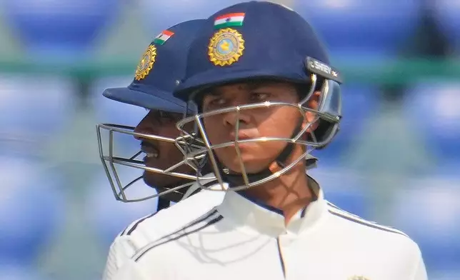 India's Yashasvi Jaiswal and Sai Sudharsan run between the wickets to score on the first day of the second cricket test match between India and West Indies at the Arun Jaitley Stadium in New Delhi, India, Friday, Oct.10, 2025. (AP Photo/Manish Swarup)