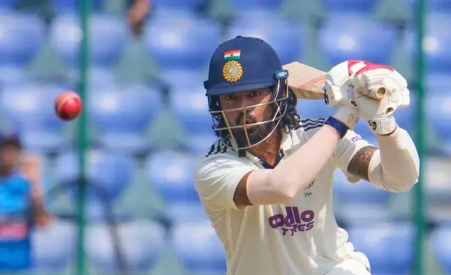 India's KL Rahul plays a shot on the first day of the second cricket test match between India and West Indies at the Arun Jaitley Stadium in New Delhi, India, Friday, Oct.10, 2025. (AP Photo/Manish Swarup)