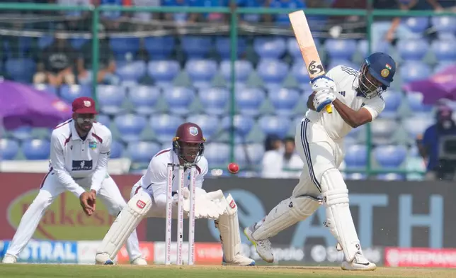 India's Sai Sudharsan plays a shot on the first day of the second cricket test match between India and West Indies at the Arun Jaitley Stadium in New Delhi, India, Friday, Oct.10, 2025. (AP Photo/Manish Swarup)