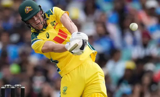 Australia's Nathan Ellis bats against India during their One Day International cricket match in Sydney, Australia, Saturday, Oct. 25, 2025. (AP Photo/Rick Rycroft)