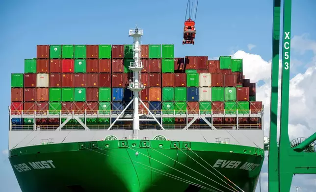 FILE - Shipping containers line the Ever Most cargo vessel docked at the Port of Oakland on April 3, 2025, in Oakland, Calif. (AP Photo/Noah Berger, File)