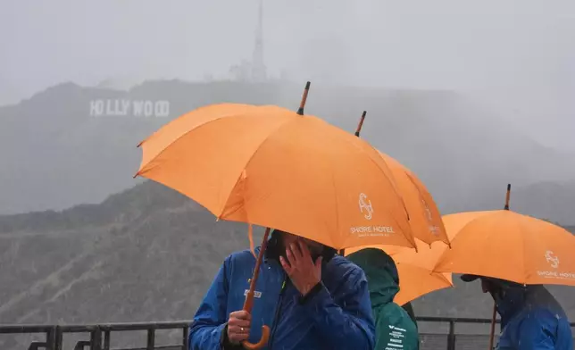 Tourists from Poland carry umbrellas in front of the Hollywood sign as rain falls while visiting the Griffith Observatory Tuesday, Oct. 14, 2025, in Los Angeles. (AP Photo/Damian Dovarganes)