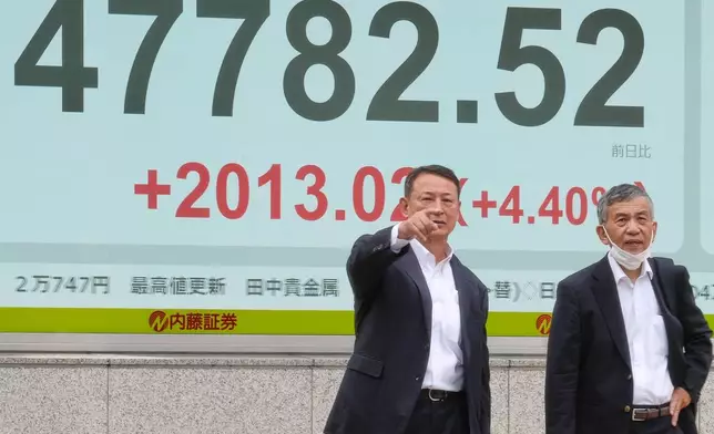 People stand in front of an electronic stock board showing Japan's Nikkei index at a securities firm Monday, Oct. 6, 2025, in Tokyo. (AP Photo/Eugene Hoshiko)