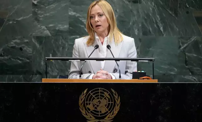 FILE - Prime Minister of Italy Giorgia Meloni addresses the 80th session of the United Nations General Assembly, on Sept. 24, 2025, at U.N. headquarters. (AP Photo/Pamela Smith, File)