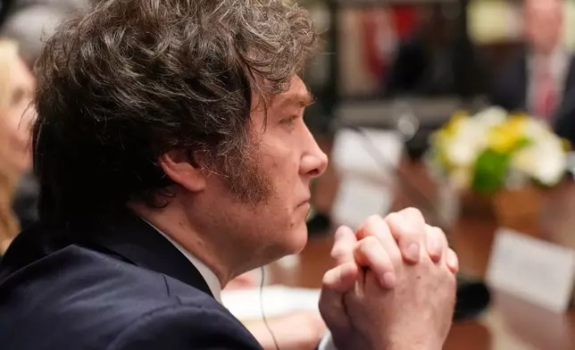 Argentina's President Javier Milei listens during a meeting with President Donald Trump in the Cabinet Room of the White House, Tuesday, Oct. 14, 2025, in Washington. (AP Photo/Alex Brandon)