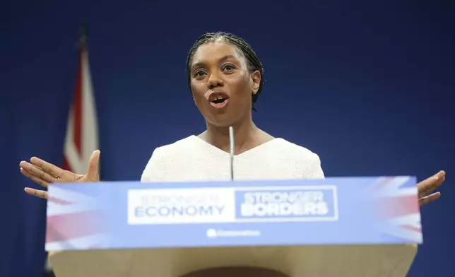 Britain's Conservative Party leader Kemi Badenoch delivers her keynote speech during the Conservative Party Conference at the Manchester Central Convention Complex, Manchester, England, Wednesday Oct. 8, 2025. (Danny Lawson/PA via AP)