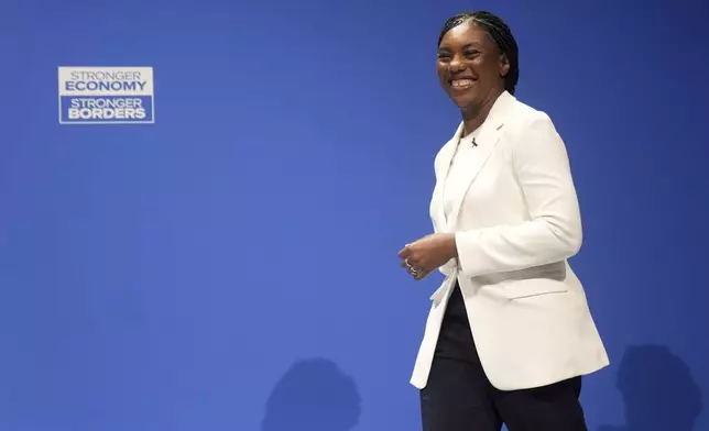 Conservative Party leader Kemi Badenoch during the Conservative Party Conference at the Manchester Central Convention Complex, Manchester, England, Sunday Oct. 5, 2025. (Danny Lawson/PA via AP)