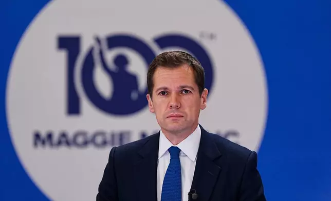 British Shadow justice secretary Robert Jenrick gives an interview during the Conservative Party Conference at the Manchester Central Convention Complex, in Manchester, England, Tuesday Oct. 7, 2025. (Peter Byrne/PA via AP)