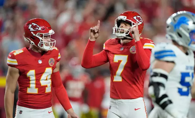 Kansas City Chiefs place kicker Harrison Butker (7) celebrates after making a 33-yard field goal during the second half of an NFL football game against the Detroit Lions Sunday, Oct. 12, 2025, in Kansas City, Mo. (AP Photo/Charlie Riedel)