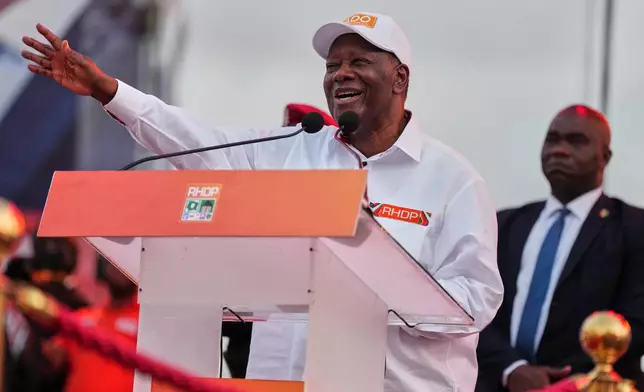 President Alassane Ouattara speaks during his final campaign rally at Republic Square in Abidjan, Ivory Coast, Thursday, Oct. 23, 2025. (AP Photo/Misper Apawu)