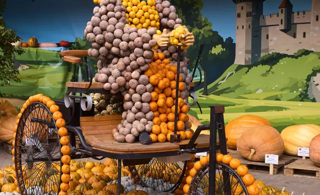 A pumpkin sculpture depicting Bertha Benz, the famous German automotive pioneer, is displayed at Klaistow farm’s annual pumpkin festival, which this year celebrates “powerful women,” in Beelitz near Berlin, Germany, Tuesday, Oct. 21, 2025. (AP Photo/Markus Schreiber)