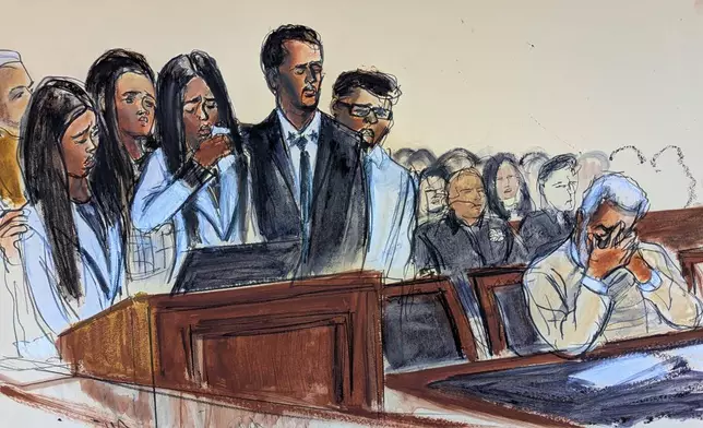 In this courtroom sketch, D'Lila Combs, left center, makes a statement surrounded by family as Sean Diddy Combs, right, reacts during his sentencing hearing in Manhattan federal court, Friday, Oct. 3, 2025, in New York. (Elizabeth Williams via AP)