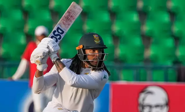 South Africa's Tony dy Zorzi bats during the second day of the first test cricket match between Pakistan and South Africa, in Lahore, Pakistan, Monday, Oct. 13, 2025. (AP Photo/K.M. Chaudary)