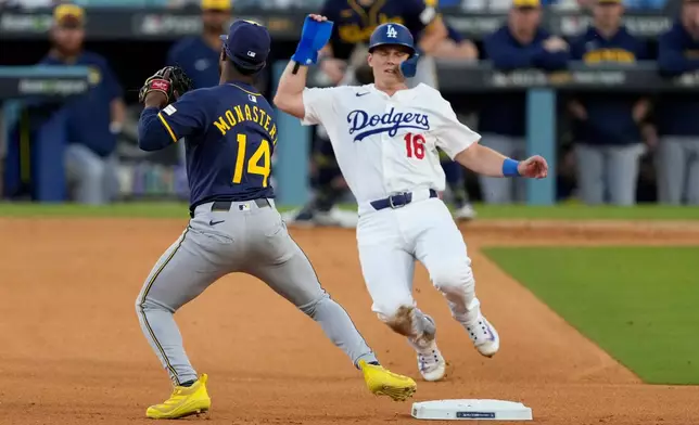 Los Angeles Dodgers' Will Smith Sports out at second by Milwaukee Brewers shortstop Andruw Monasterio during the eighth inning in Game 3 of baseball's National League Championship Series, Thursday, Oct. 16, 2025, in Los Angeles. (AP Photo/Mark J. Terrill)