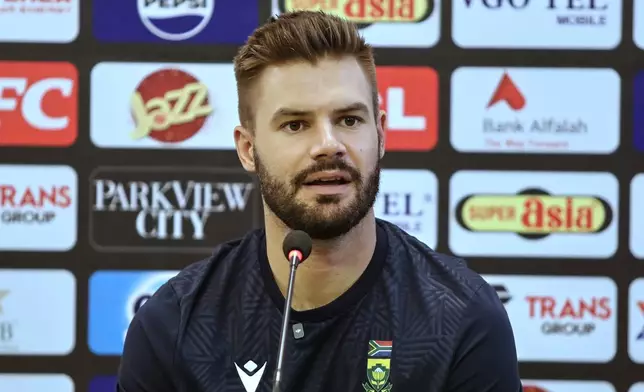 South Africa's test team skipper Aiden Markram speaks during a press conference regarding second test cricket match against Pakistan, in Rawalpindi, Pakistan, Sunday, Oct. 19, 2025. (AP Photo)