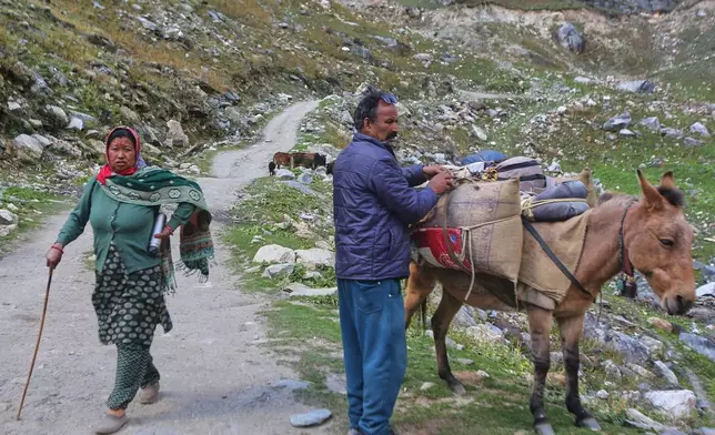A man loads a pack mule as he prepares with others to go back to his summer home, in Rilkot village, in the northern Indian Himalayan state of Uttarakhand, on Oct. 4, 2025. (AP Photo/Satish Sharma)