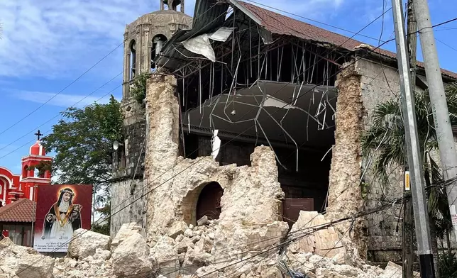 This photo shows the damages outside the Archdiocesan Shrine of Santa Rosa de Lima in Daanbantayan, Cebu, Philippines Wednesday, Oct. 1, 2025, after an offshore earthquakeon late Tuesday. (AP Photo)