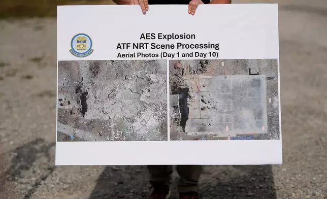 ATF agent Brice McCracken holds a photo of the blast site at Accurate Energetic Systems during a news conference Friday, Oct. 24, 2025, in McEwen, Tenn. (AP Photo/George Walker IV)